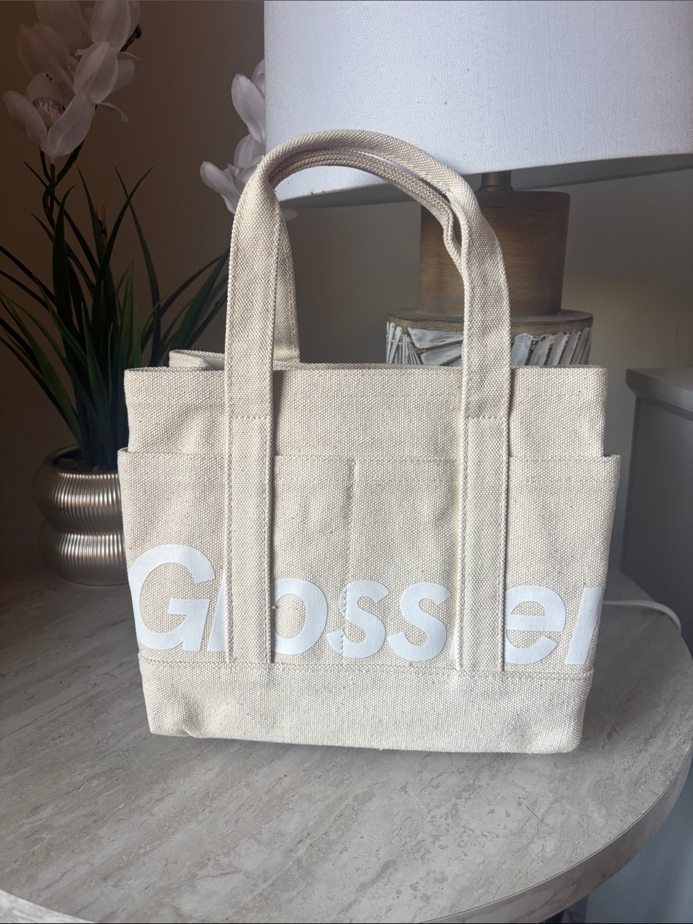 Glossier Cream Canvas Mini Tote with White Logo
